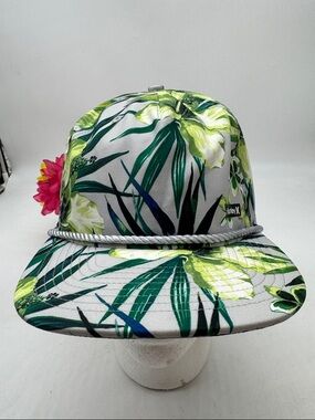 Hurley Floral Snapback Hat in Green with Pink Accent